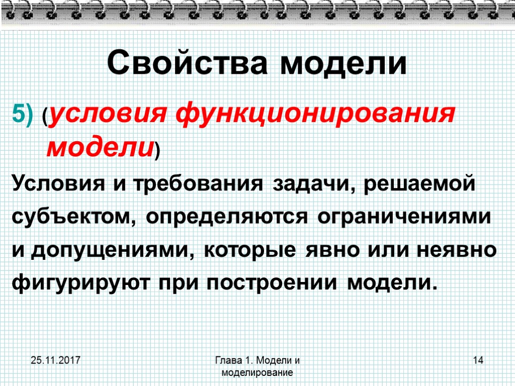 25.11.2017 Глава 1. Модели и моделирование 14 Свойства модели 5) (условия функционирования модели) Условия